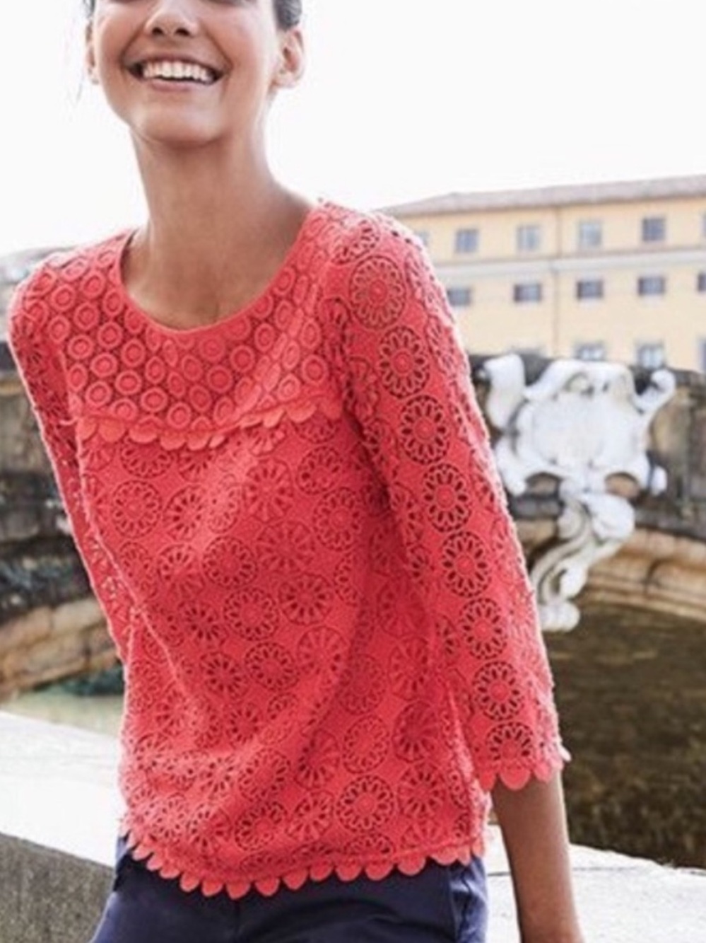 Boden Poppy Floral Lace Crochet Blouse Top in Watermelon Pink/Red